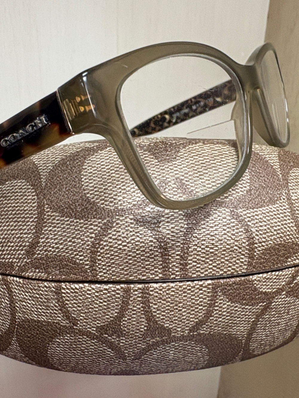 Coach Taupe Signature Monogram Eyewear Case with glasses